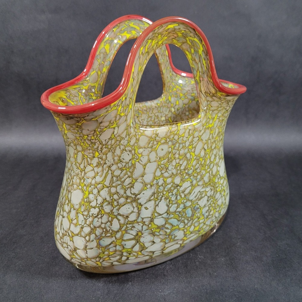 Polish Art Glass Purse Vase Hand Made Artist Signed 8.5" Tall HEAVY
